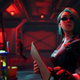 An agent from Fortnite's Impostors mode looks up at an alarm while a man mops the floor in the background.